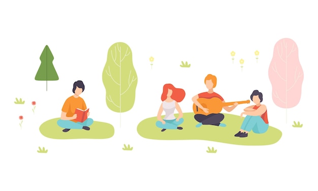 사람들 자연을 즐기는 캐릭터 잔디에 앉아 기타를 연주하고 책을 읽는 터 세트