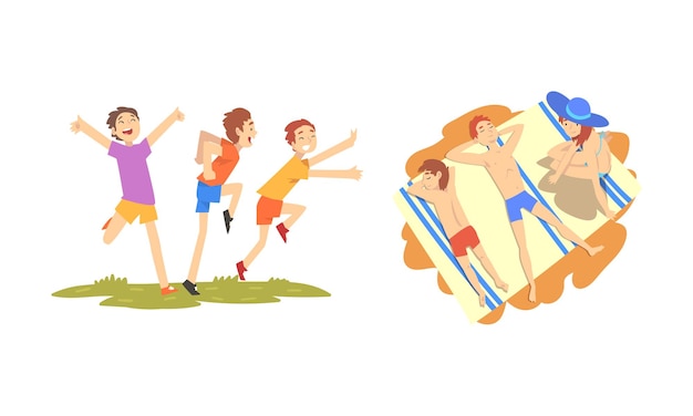 People Character Enjoying Summer Running on Green Lawn and Sunbathing Vector Set