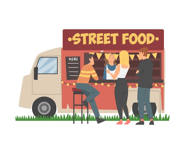People Character Ordering Street Food at Van Vector Illustration