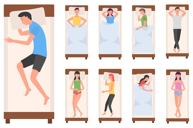 Vector people character sleeping in beds woman man sleeps in different poses sleeping tired lying person