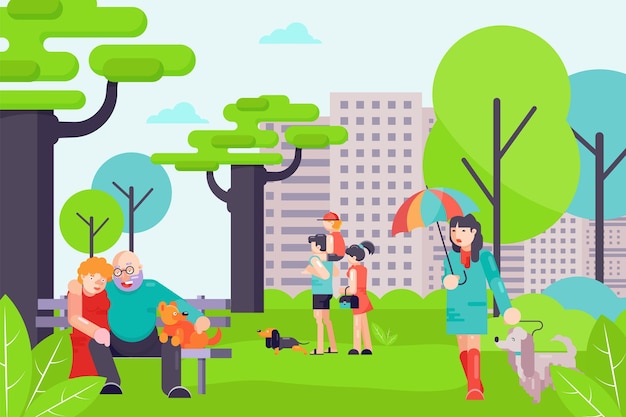 People character together walk with dog, male and female stroll home animal pet, urban cityscape flat vector illustration, outdoor park.