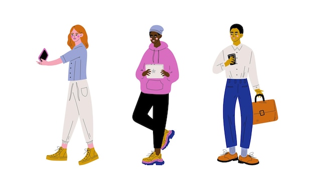 people character using smartphone and tablet pc vector set