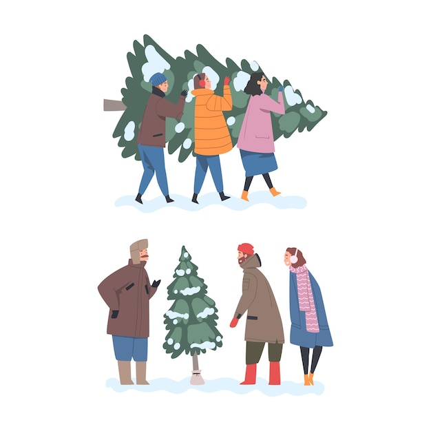 people character with fir tree preparing for new year holiday carrying it vector set