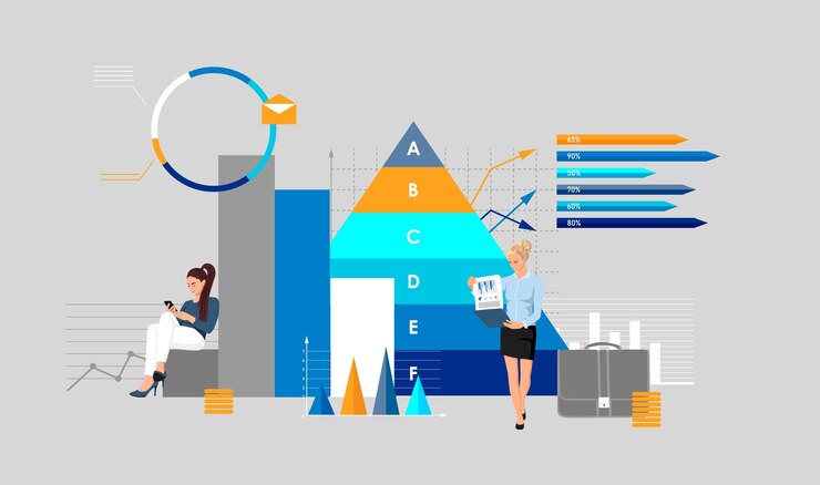 Vector people characters analysis financial data infographic colorful diagrams on background business project boost and rise arrows grow up young woman manager analyzing update flat vector illustration