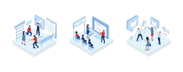 People characters are thinking over an idea Multiracial Business People Team in Meeting Room Success concept isometric vector modern illustration