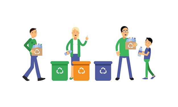 Vettore persone personaggi che contribuiscono alla conservazione dell'ambiente riciclando e ordinando la spazzatura set di illustrazioni vettoriali