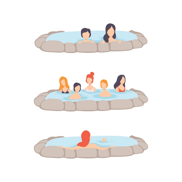 people characters enjoying outdoor thermal spring relaxing in hot water vector set