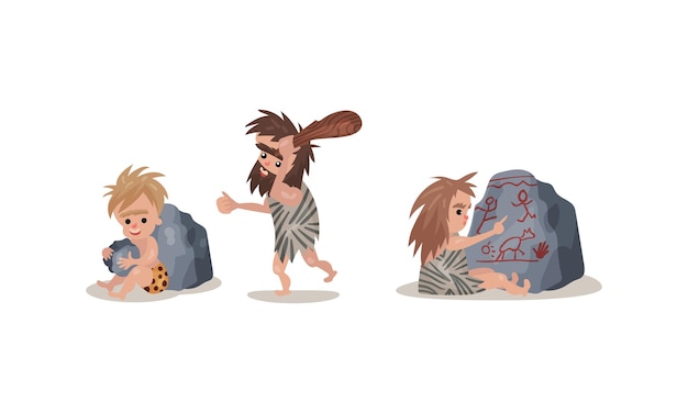 Вектор people characters from stone age wearing animal skin and drawing on cliff vector illustration set