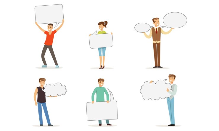 Vector people characters holding empty speech bubble vector illustration set