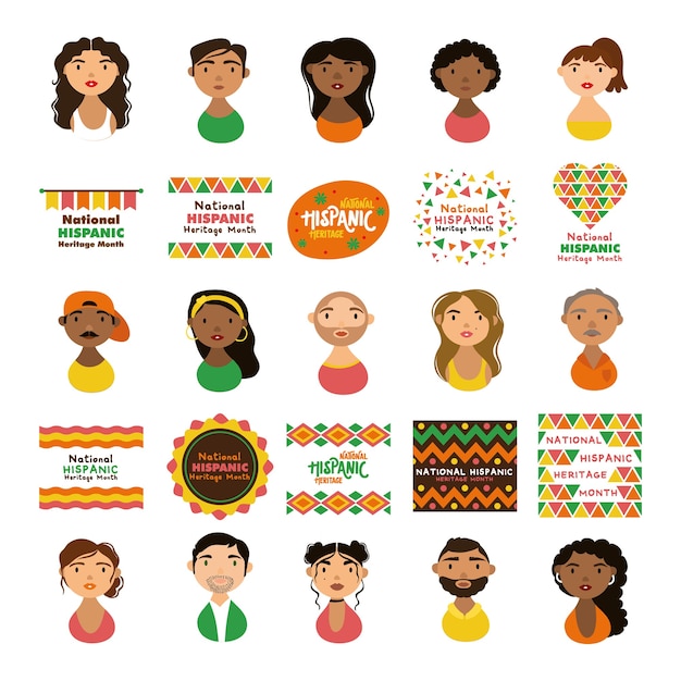 Vector people characters and national hispanic heritage letterings flat style