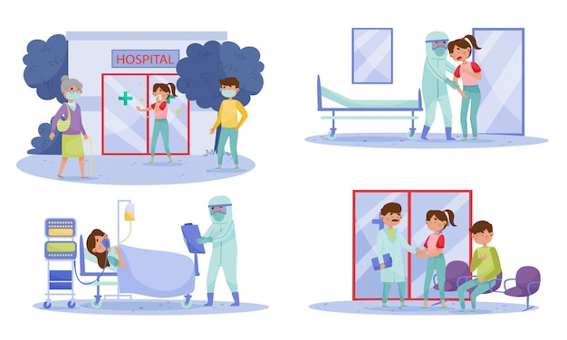 People Characters in Protective Masks Walking in the Street and in Hospital with Coronavirus Symptoms Vector Illustrations Set