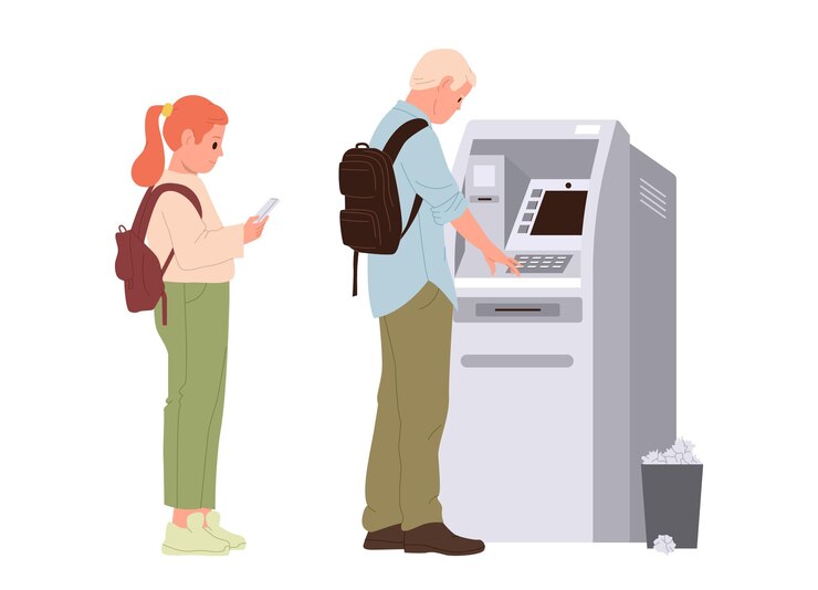 Vector people characters queue at atm with man withdrawing money young schoolgirl waiting for next turn