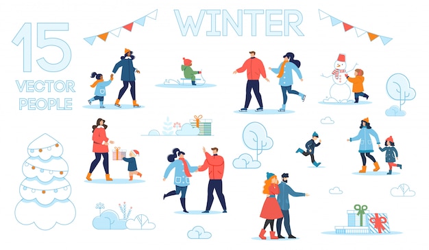 Vector people characters  set with winter scenes