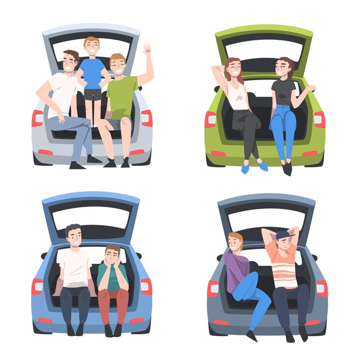 Vector people characters sitting in car trunk taking pictures vector illustration set