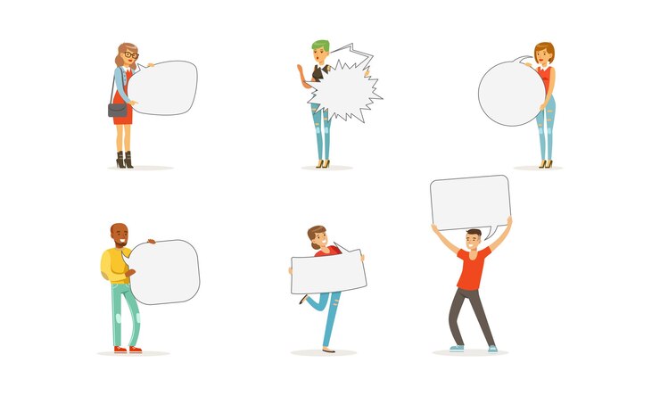 Vector people characters standing and holding speech bubbles vector set