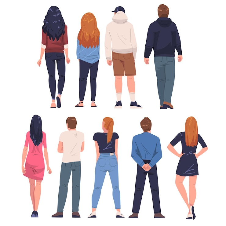 Vector people characters standing in row back view vector illustration set