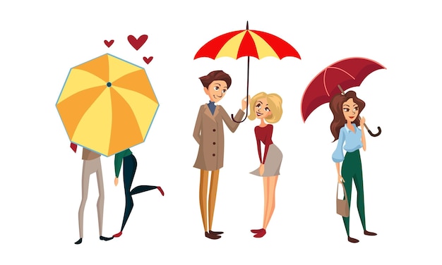 people characters standing under umbrella enjoying rainy weather vector illustration set