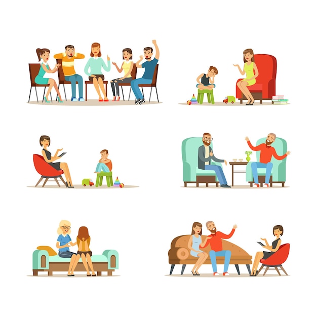 People characters talking to psychologist engaged in counseling psychology vector illustration set