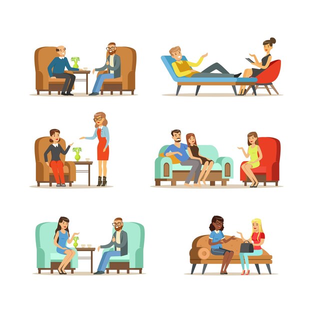 People characters talking to psychologist engaged in counseling psychology vector illustration set