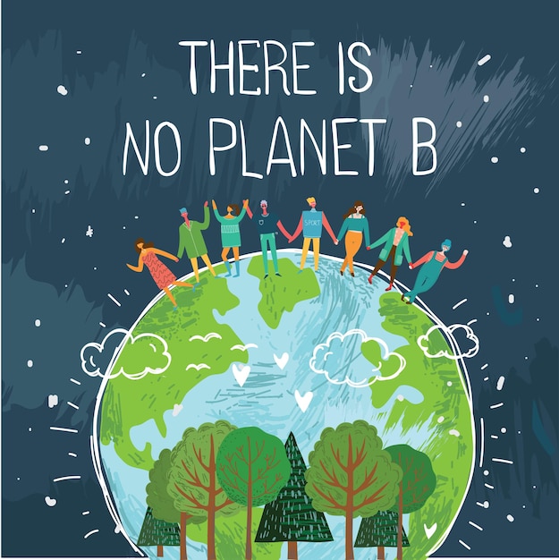 惑星地球を救おうとしている人々のキャラクター。地球温暖化と気候変動の概念。フラット漫画ベクトルイラスト。