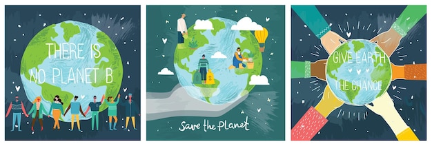 People Characters trying to Save Planet Earth. Global Warming and Climate Change Concept. Flat Cartoon Vector Illustration.