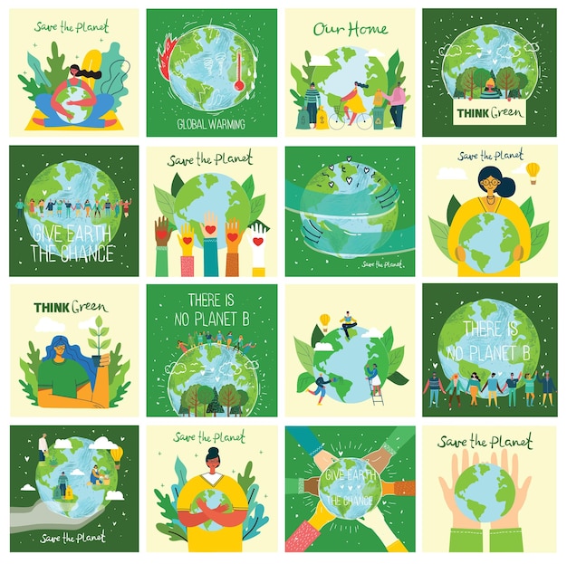 惑星地球を救おうとしている人々のキャラクター地球温暖化と気候変動の概念フラット漫画ベクトル図