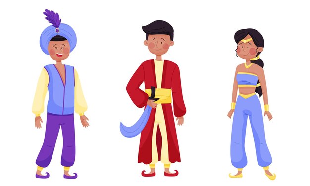 Vector people characters wearing arabic clothing with woman in east apparel and young sheik with mandil on his head vector set