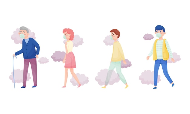 People Characters Wearing Face Mask or Respiratory Mask Walking Among Smoke Cloud Vector Illustrations Set