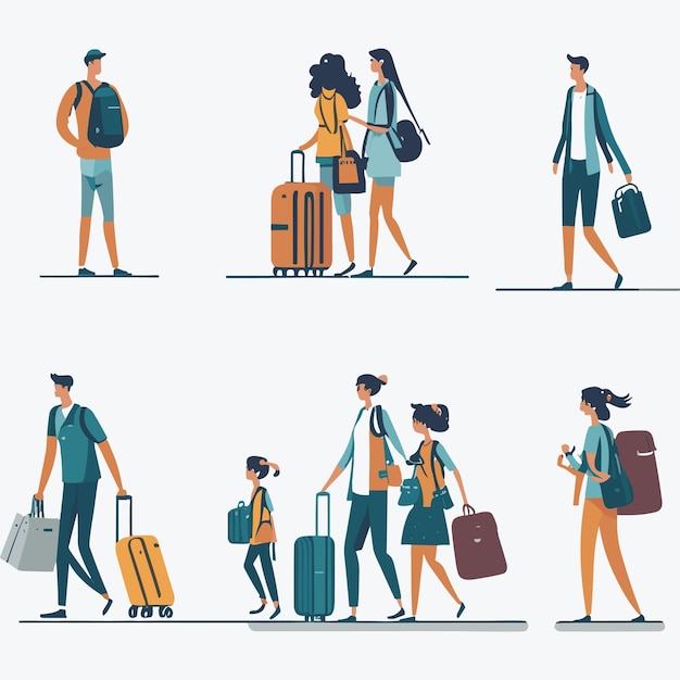Вектор Персонажи с сумками, чемоданами и рюкзаками в аэропорту спешат на вылет.