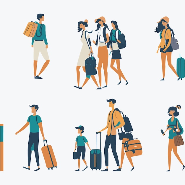 空港でバッグのスーツケースとバックパックを持つ人々のキャラクターが出発に急ぐ