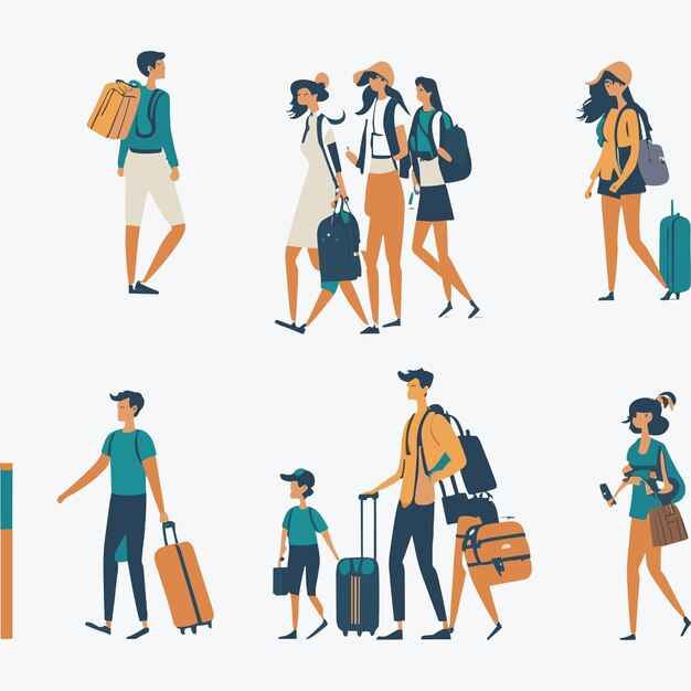 Vector people characters with bags suitcases and backpack at the airport hurry up for departure travellin