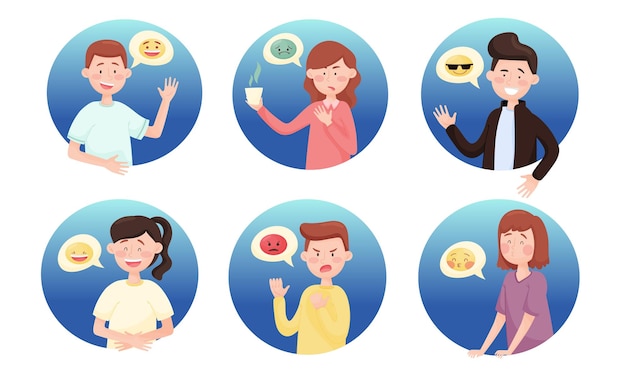 People Characters with Emoji Showing Different Emotional States and Feeling Like Anger and Happiness Vector Set