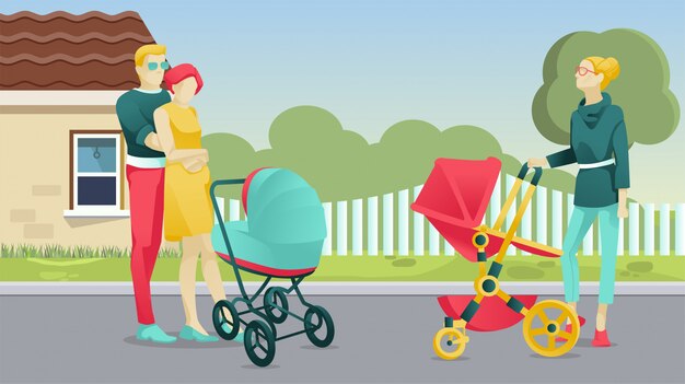 Vector people characters with newborns walking outdoors
