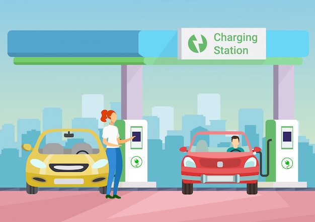 people charge electronic car on charging station.
