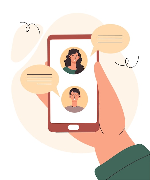 Vector people chatting concept hand holds phone with avatars of other users chats and dialogues communication in messengers and social networks gadgets and devices cartoon flat vector illustration