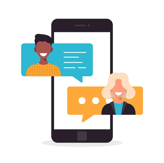 People chatting on mobile. multicultural communication concept. chat notification on phone, messages bubbles on screen with avatars. cartoon flat   illustration.