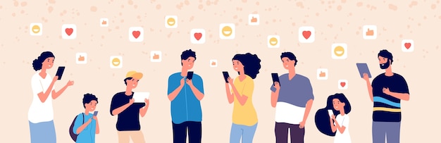 Persone che chattano online. adulti e bambini con gadget sui social media aggiungono sempre follower. concetto di dipendenza da internet. illustrazione online donna, uomo e bambini con dispositivo