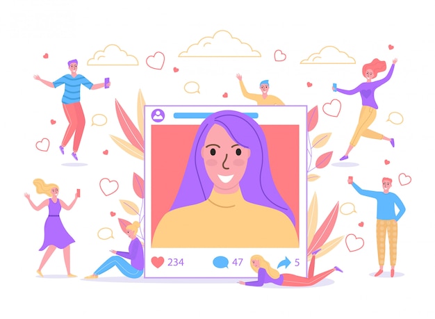 Vector people chatting texting communicate selfie portrait on social networks by smartphones blogger podcast illustration.