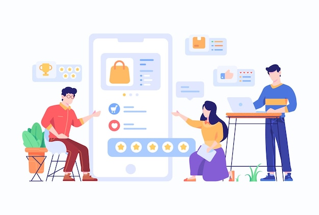 ベクトル 人々はオンラインマーケットプレイスのコンセプトフラットスタイルデザインイラストで製品を選択してレビューします