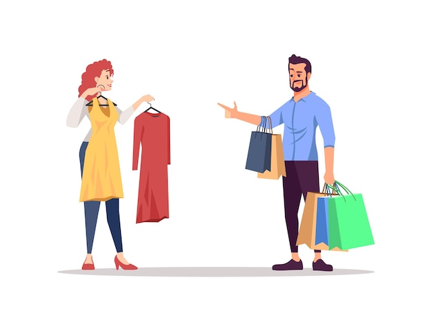 People choosing clothes flat vector illustration. Family couple isolated cartoon characters on white background. Fashion wardrobe shopping together. Presents, bags, purchases. Party, celebration