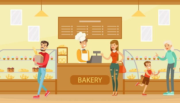 Vector people choosing desserts and buying coffee at bakery shop male seller serving customers at confectionery vector illustration