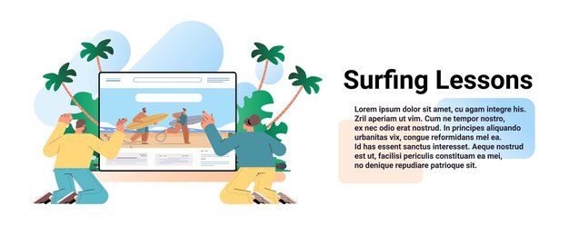 Vector people choosing private surfing lessons online sufrschool summer vacation concept