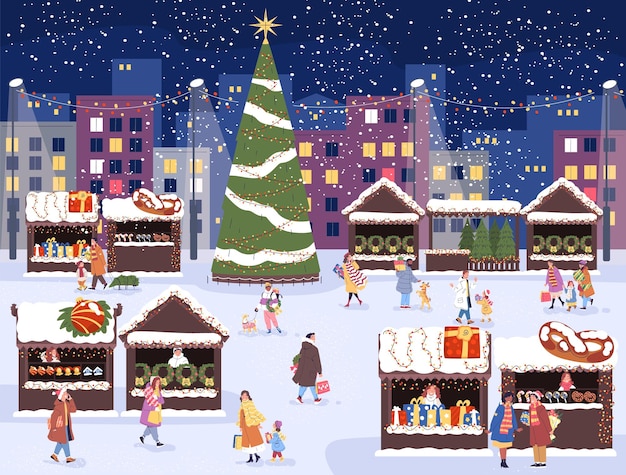 Vector people christmas fair family with children shopping in xmas market sale europe town winter holiday street shop city festival new year eve lifestyle classy vector illustration