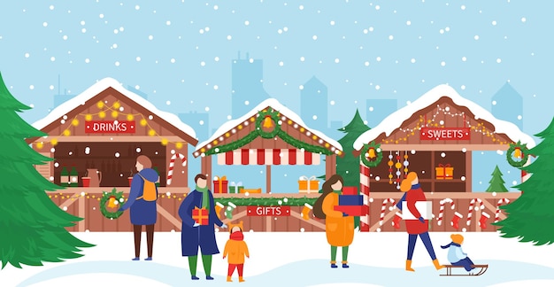 People in Christmas market illustration.