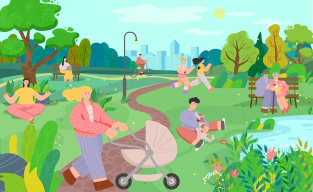 La gente nel parco cittadino, stile di vita attivo, illustrazione per il tempo libero all'aperto