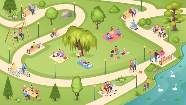 Vector people in city park family rest leisure activity