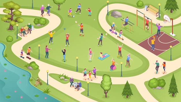 Vector people in city park sport activity and leisure