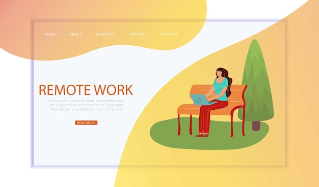都市の人々、リモート作業、web上の碑文、リモート、ネットワーク、イラストを介して動作します。人間のフリーランサー、公園でインターネットを介して働く、オンラインで若い女性のフリーランス。