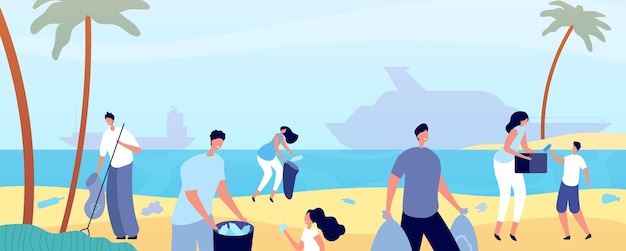 People clean beach. man cleaning nature, volunteers save environment waterfront. ocean coast ecology, plastic trash garbage vector concept. people beach volunteer, woman and man activist illustration