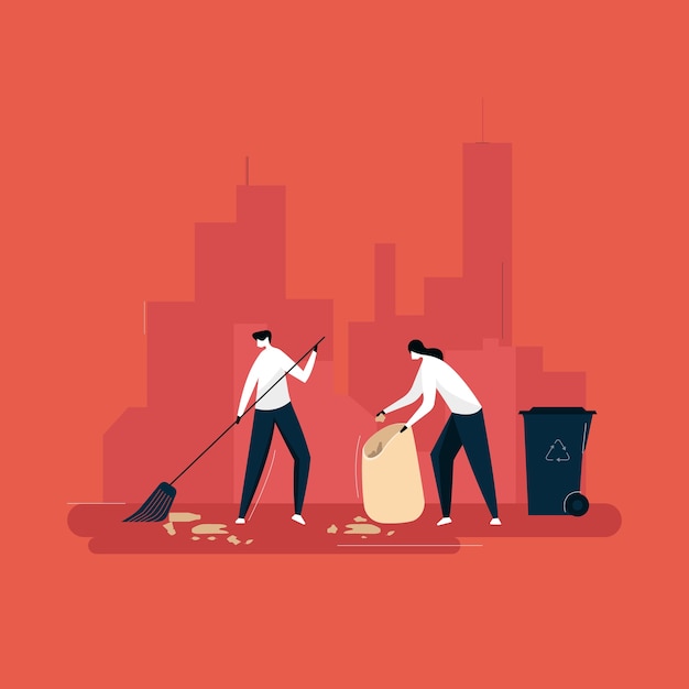 Vector people cleaning and collecting garbage concept, ecology protection